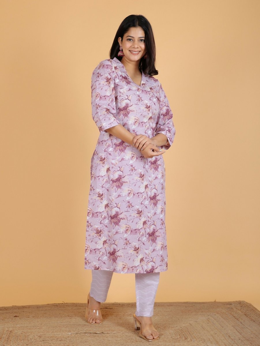 Aramya Straight Soft Cotton Gold foil Print Women's Kurta Set - Purple