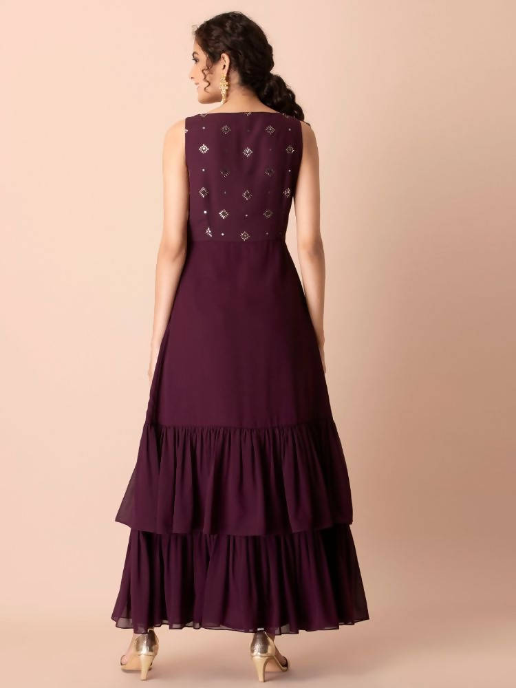 Indya Women Purple & Gold-Toned Embellished Ruffled High Slit Kurta