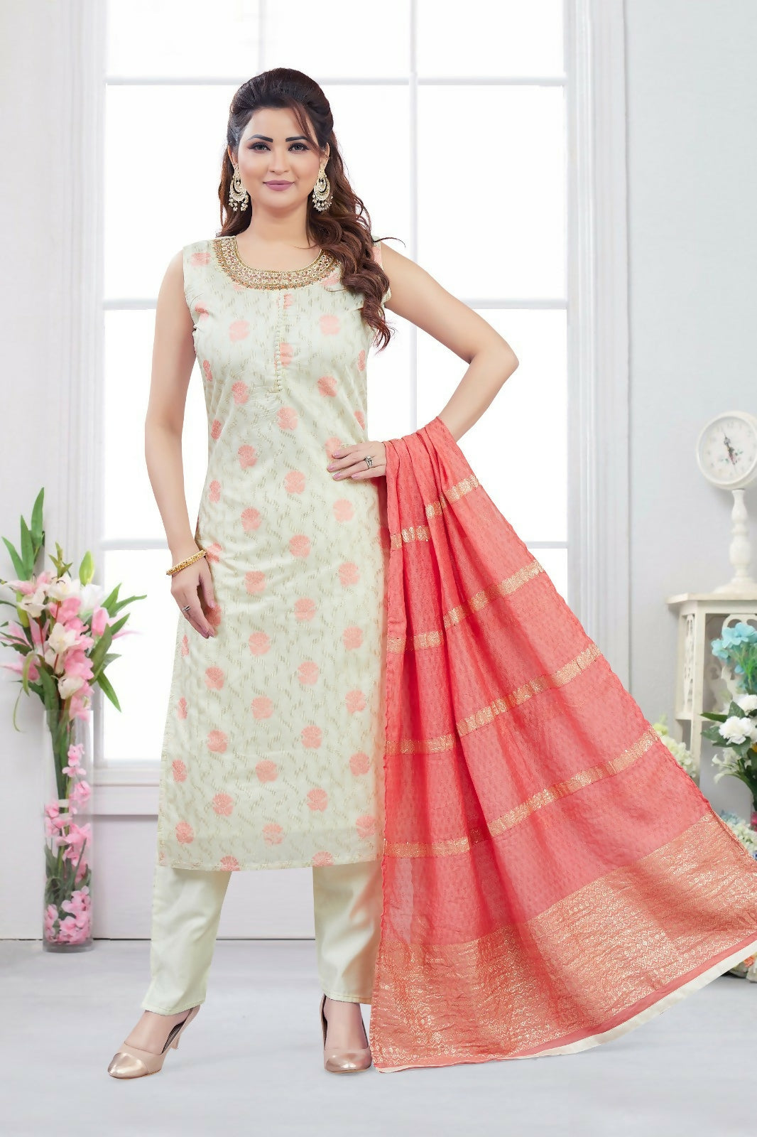 Joban Fashion Jacquard Cream Color Kurta Set