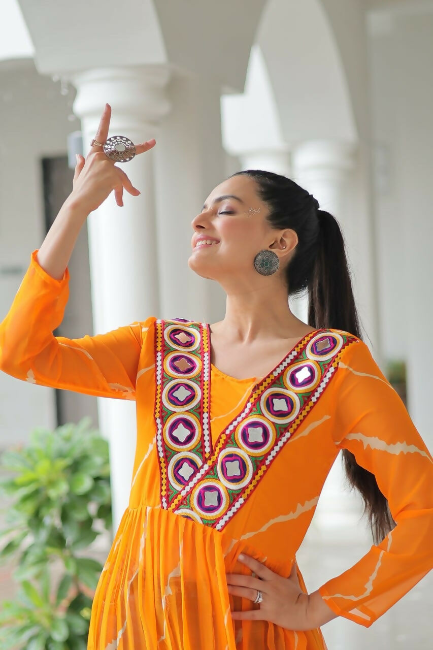 Vastranavya Orange Navratri Special Kutchi Patch Work with Leheriya Printed Kurti