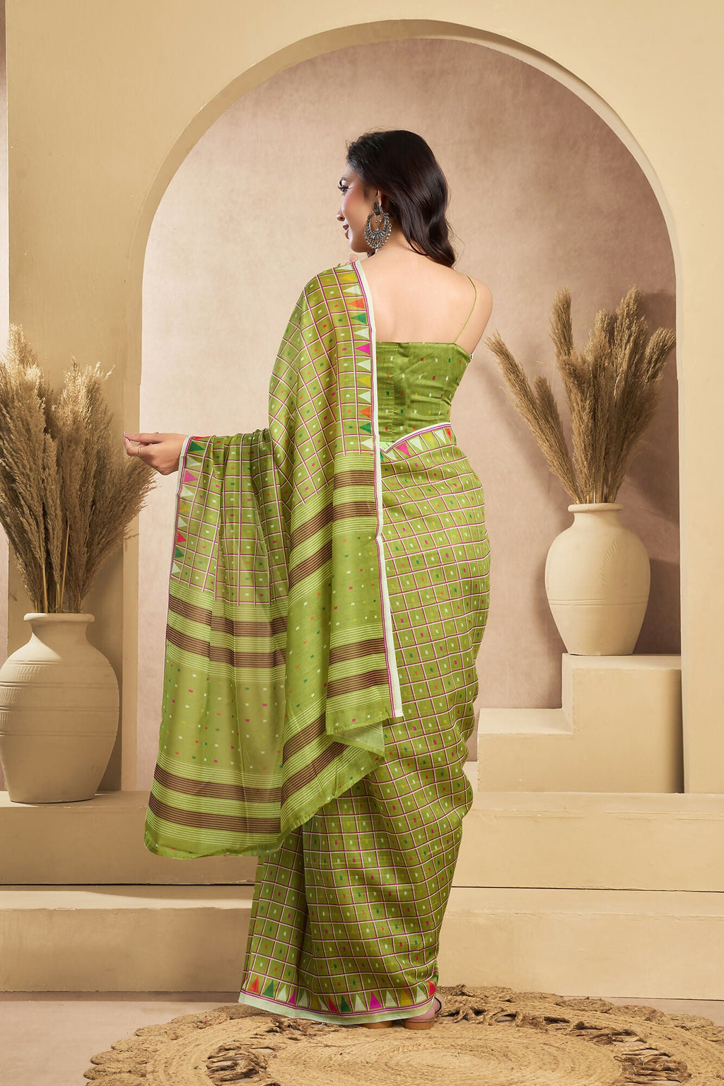Vastranavya Mehendi Digital Printed Linen Ready To Wear Designer Saree with Unstitched Blouse