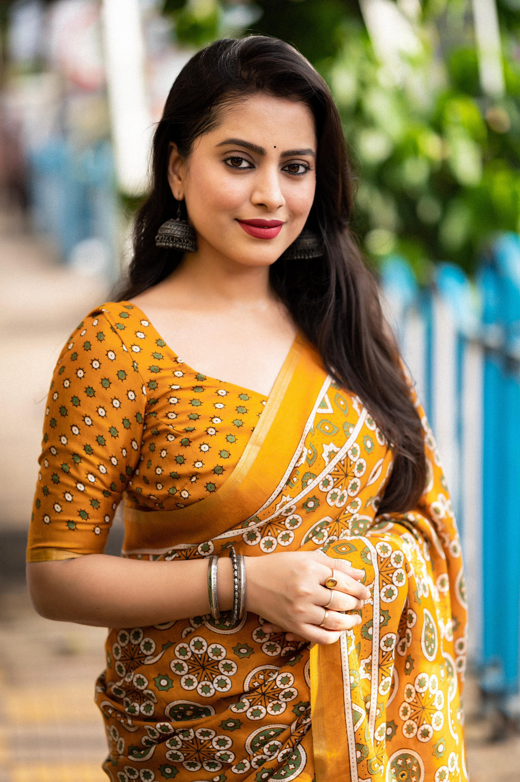 Mustard Cotton Blend Ajrak Saree with Unstitched Blouse - Hiral Fashion
