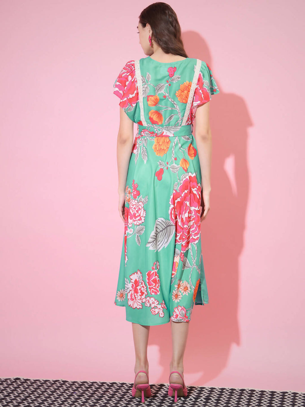 Myshka Women's Green Floral Printed Empire Dress