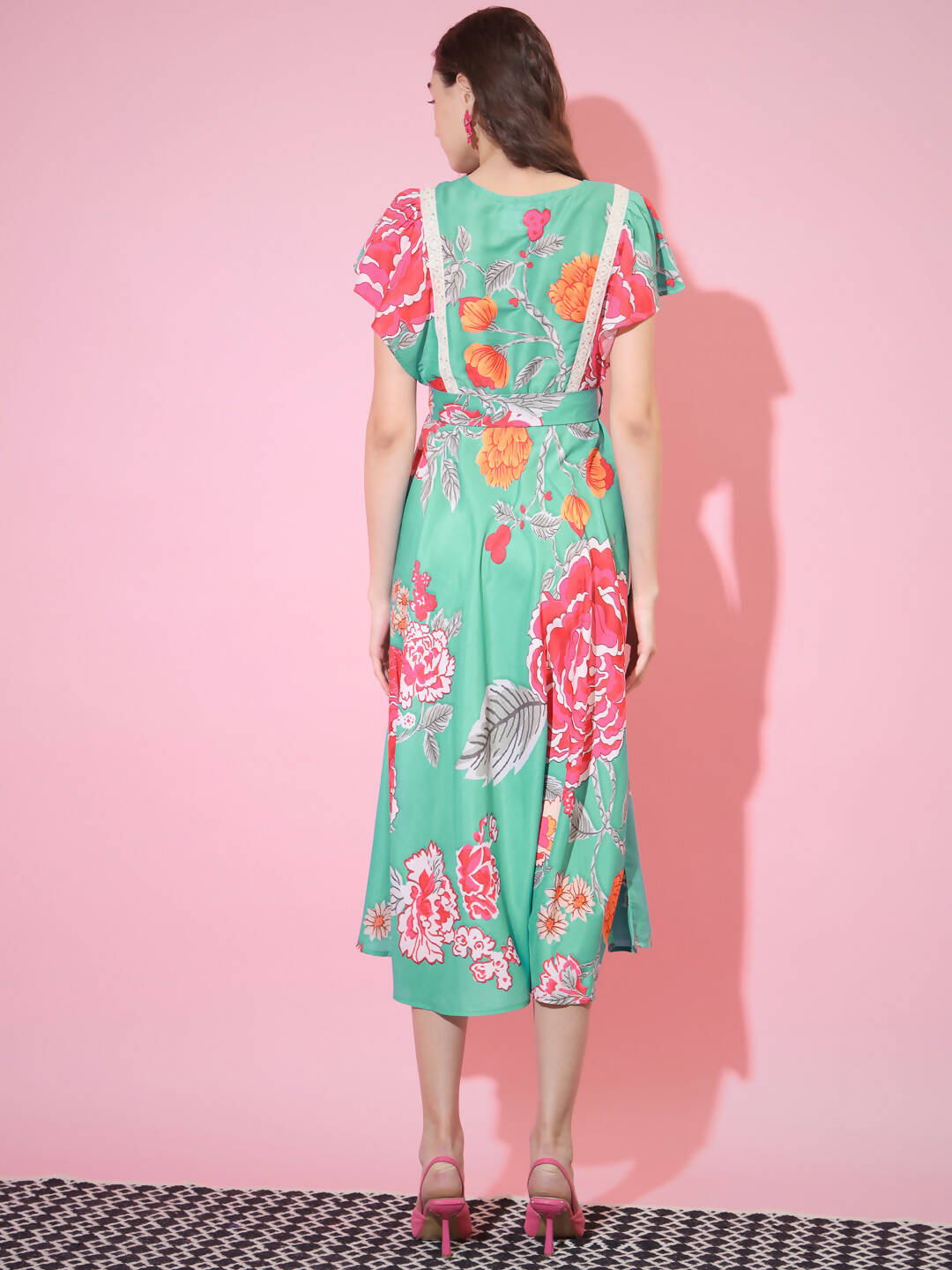 Myshka Women's Green Floral Printed Empire Dress
