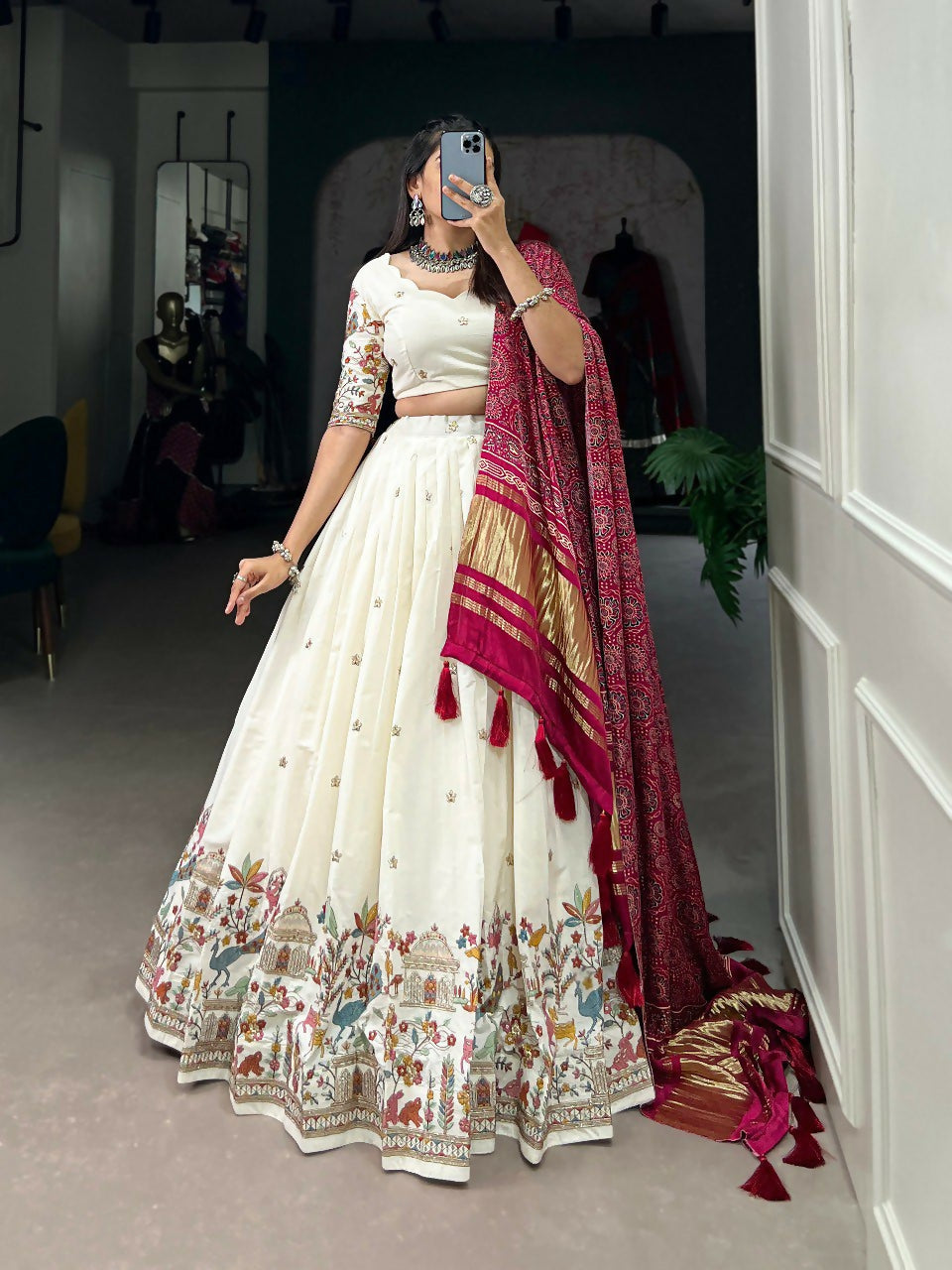 Vastranavya Traditional Special Khadi Cotton Sequins And Thread Embroidery Work Lehenga with Unstitched Blouse - White