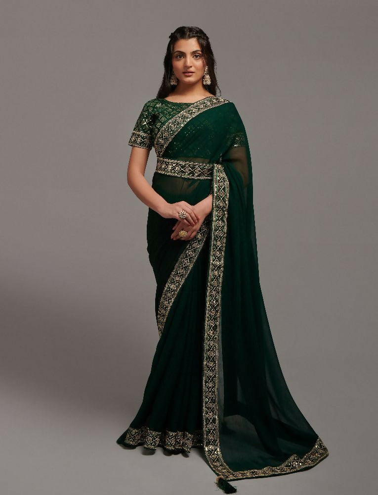 PR Fashion Green Zometo Embroidery Lace Saree