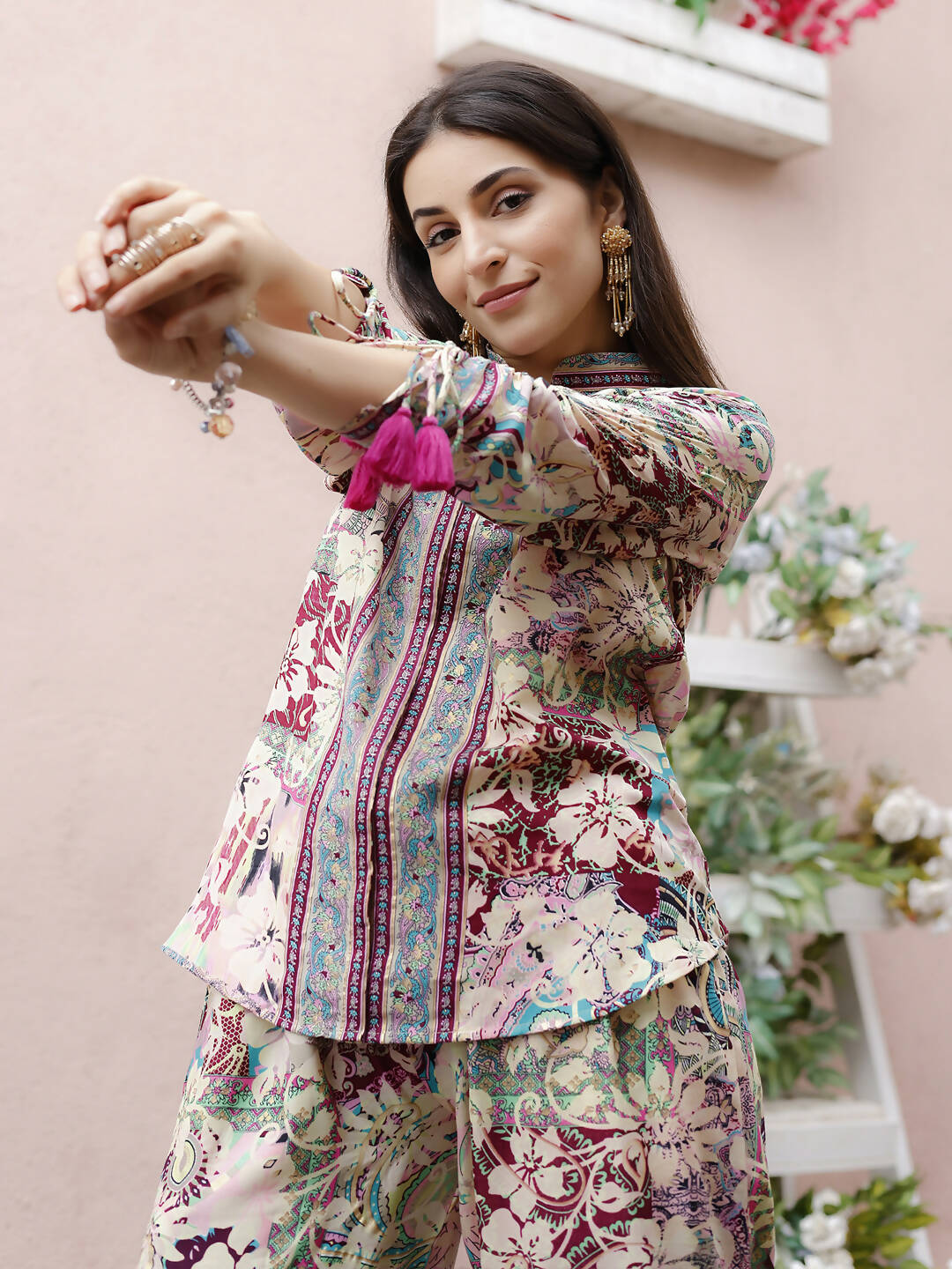 Cream Rayon Floral Printed Top with Matching Bottom - Eesha
