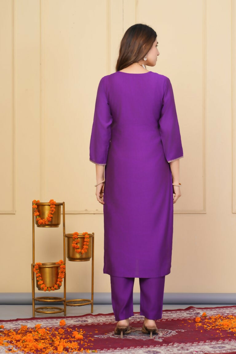Purple Viscose Chanderi Embroidered Stitched Suit With Dupatta - Tanisha