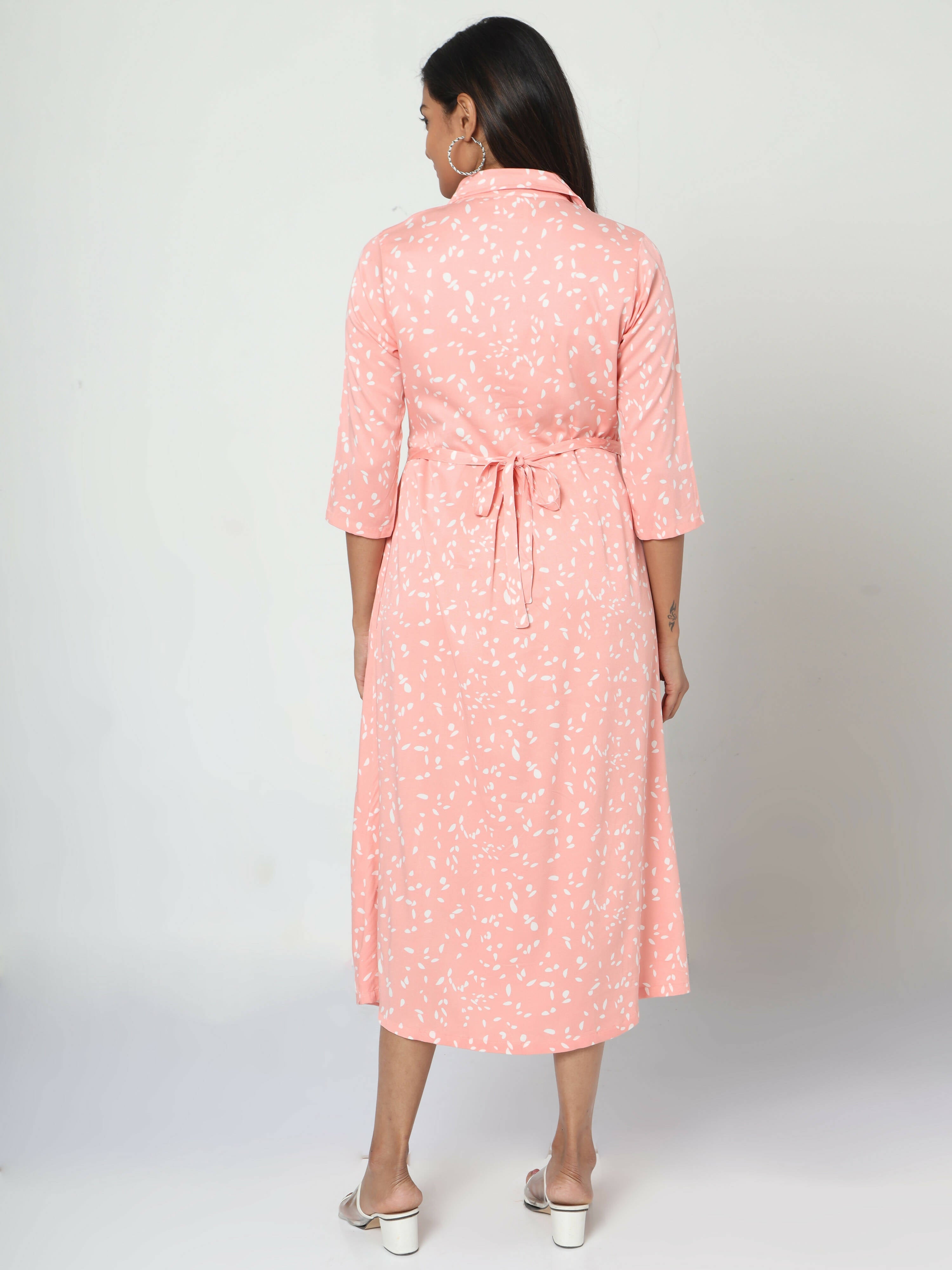Manet Three Fourth Maternity Dress White Dot Print With Concealed Zipper Nursing Access - Pink
