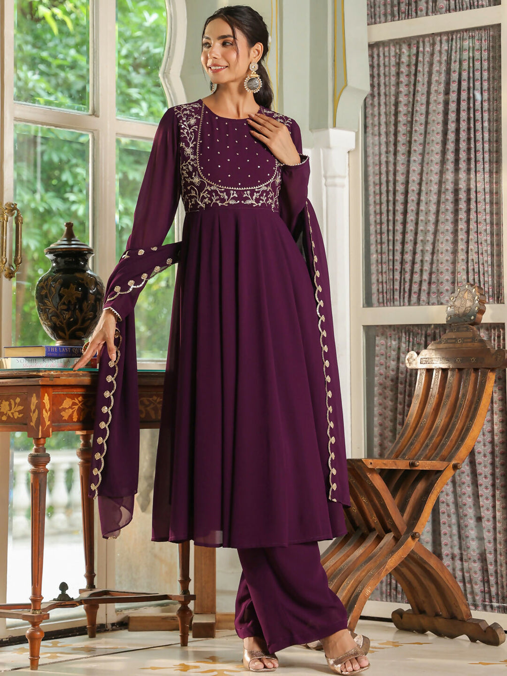 Janasya Purple Georgette Embroidered Kurta,Bottom & Dupatta