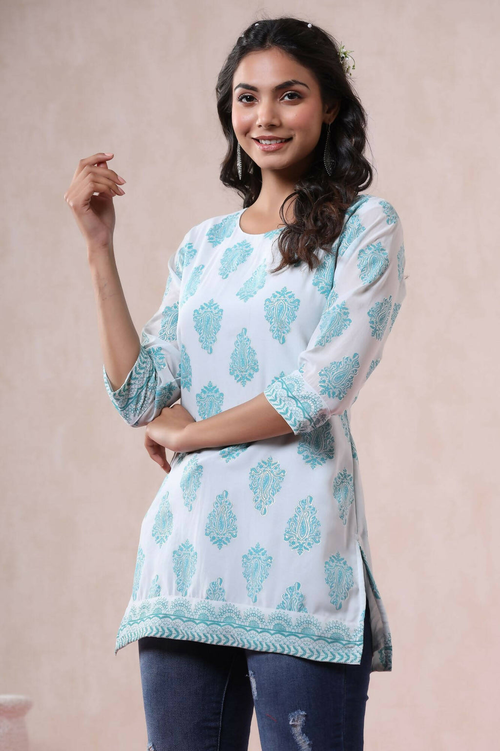 Juniper Women Bluemulti Georgette Printed Straight Tunic