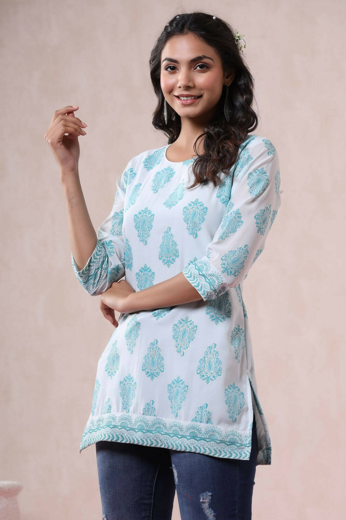 Juniper Women Bluemulti Georgette Printed Straight Tunic
