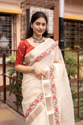 White Pure Linen Woven Design Saree with Unstitched Blouse - A2M