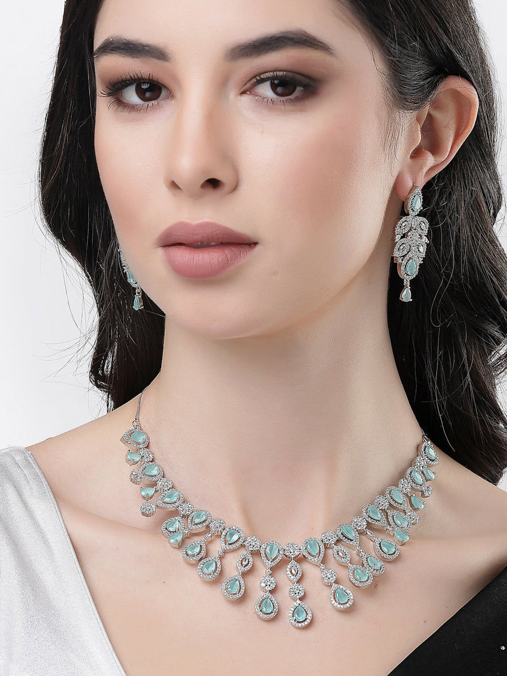 NVR Women's silver plated Turquoise CZ stone handcrafted jewellery set