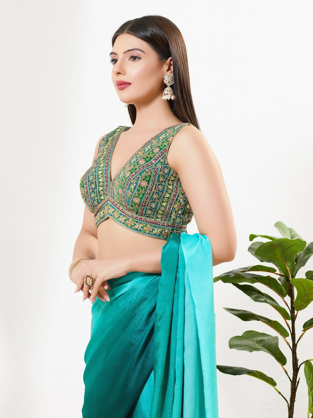 Joban Fashion Green Multi Georgette Padded Blouse With V Neck Sleeveless