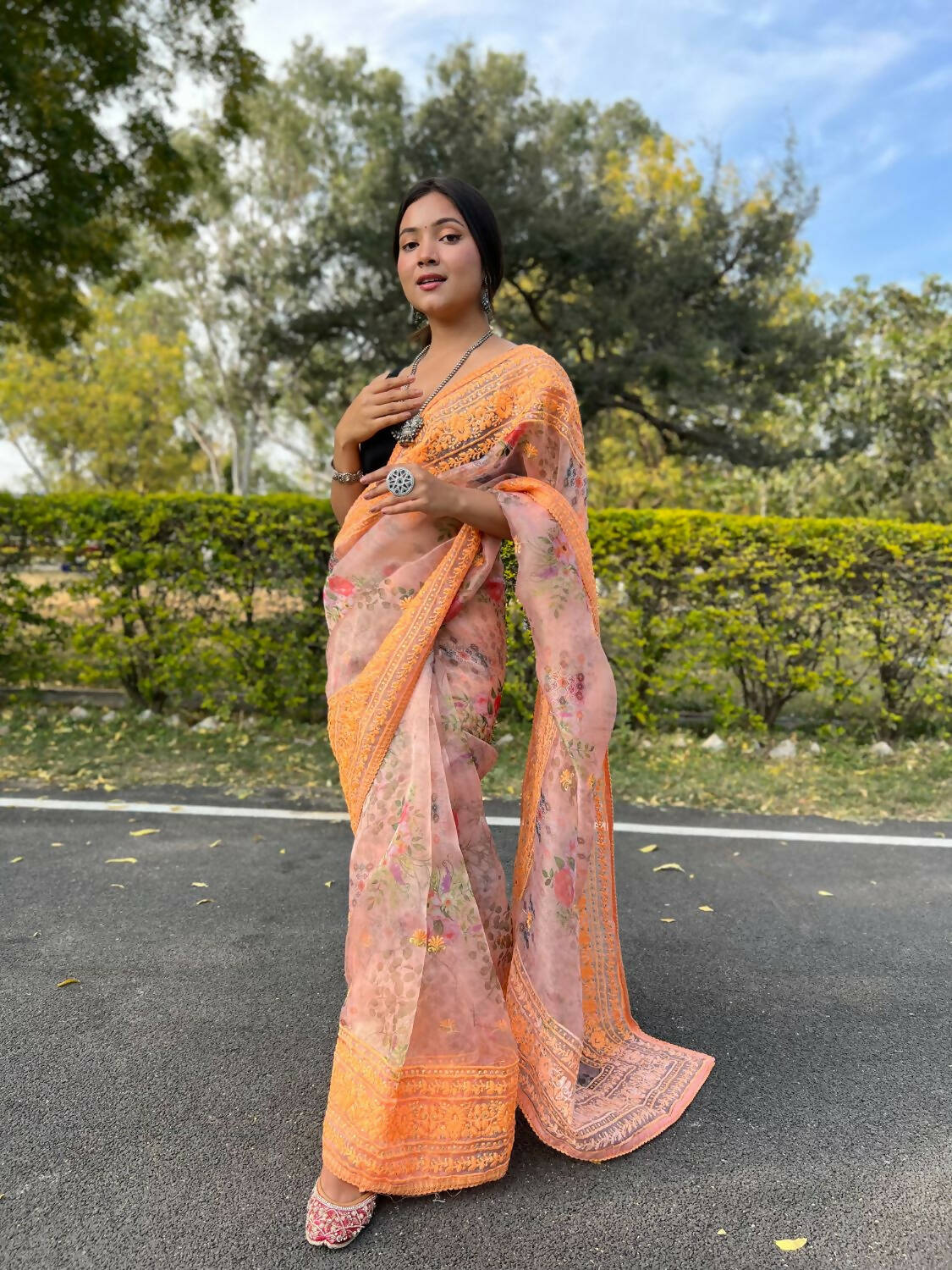Vamsee Orange Organza Saree