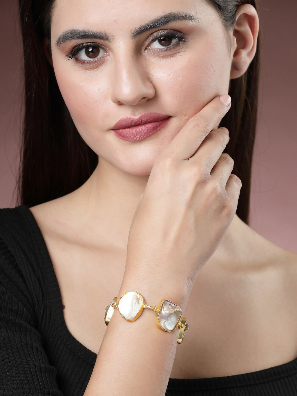 NVR Women's Gold-Polished Handcrafted Mother of Pearl Link Bracelet