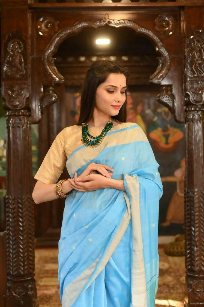Very Much Indian Handloom Pure Cotton Paithani Peacock Pallu-Sky Blue