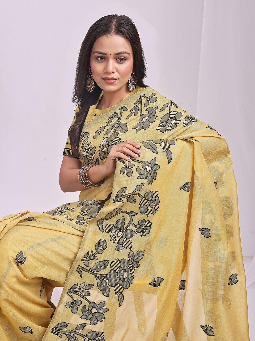 Shree Shyam Fashion Kashira Yellow Linen Cotton Saree