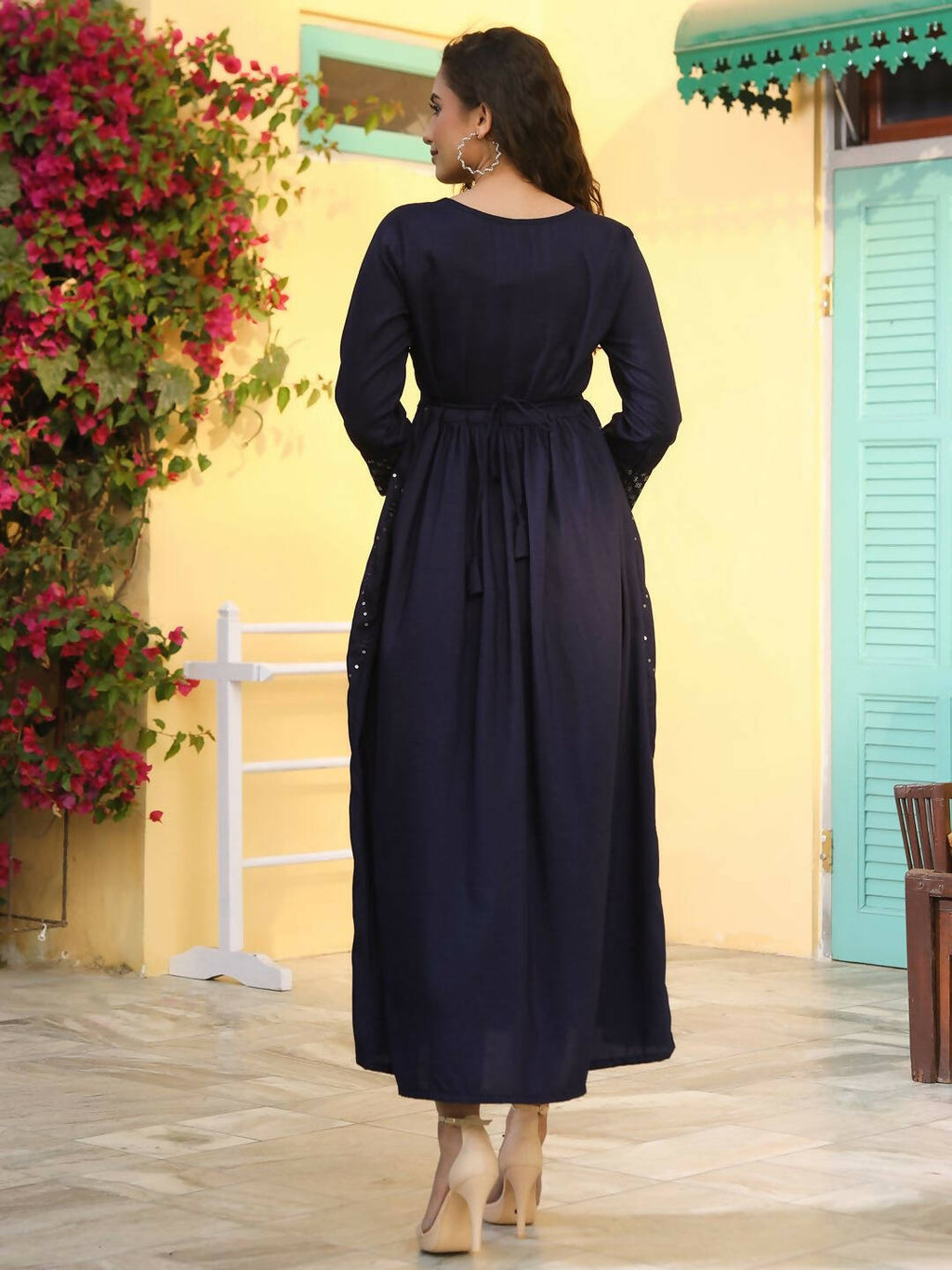 Juniper Women's Navy Festive Embroidered Flared Dress