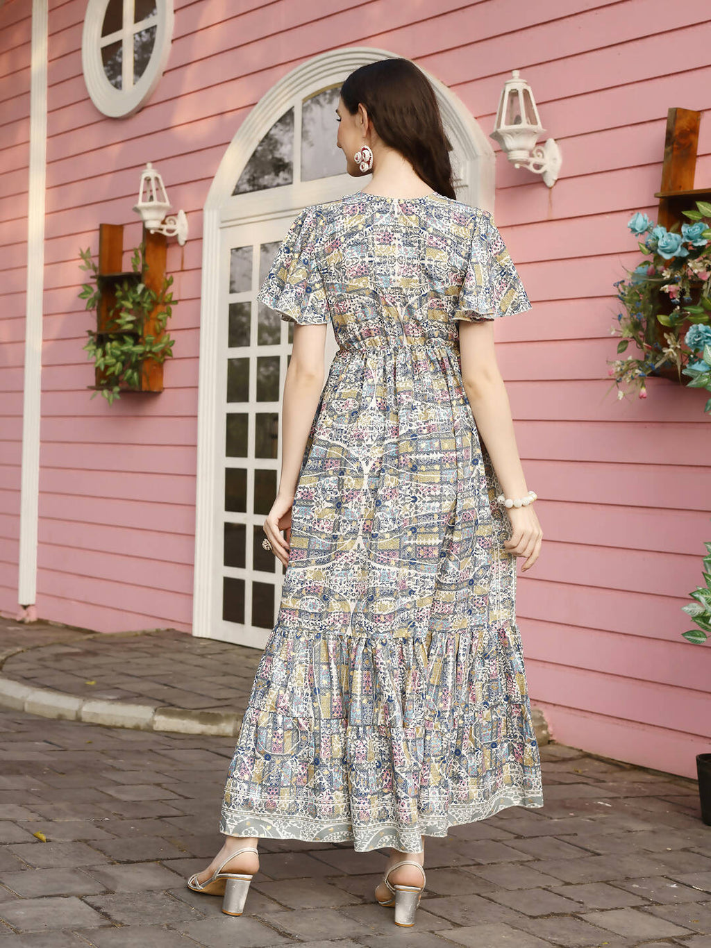 Green Rayon Foil Printed Long Dress - Michan