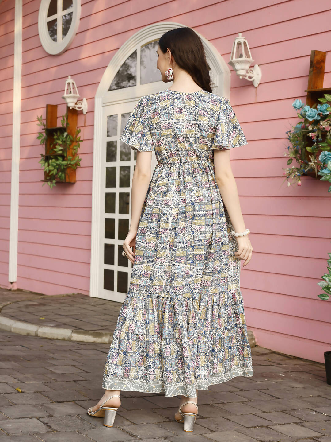 Green Rayon Foil Printed Long Dress - Michan