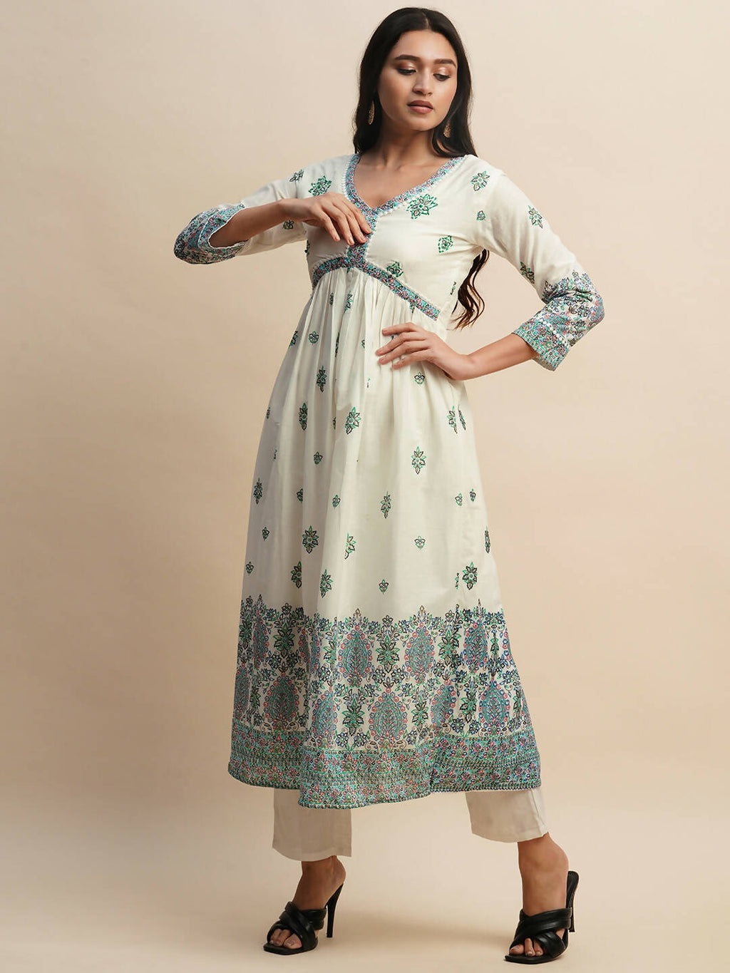 White And Blue Pure Cotton Floral Printed Anarkali Kurta And Bottom With Dupatta - Akashara