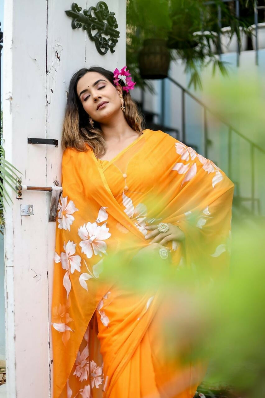 Exclusive Collection Beautiful Orange Pure Cotton Hand Print Handloom Saree With Running Blouse Piece