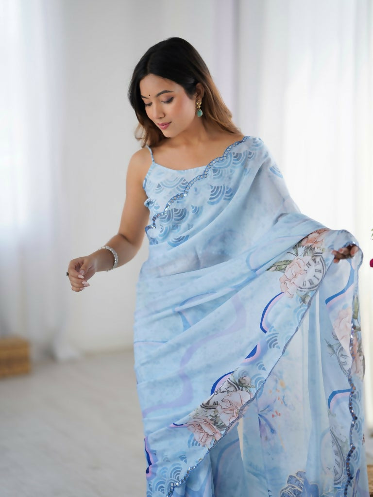 Sky Blue Chinon Designer Digital Printed,Mirror Cut Work Saree - Elayna