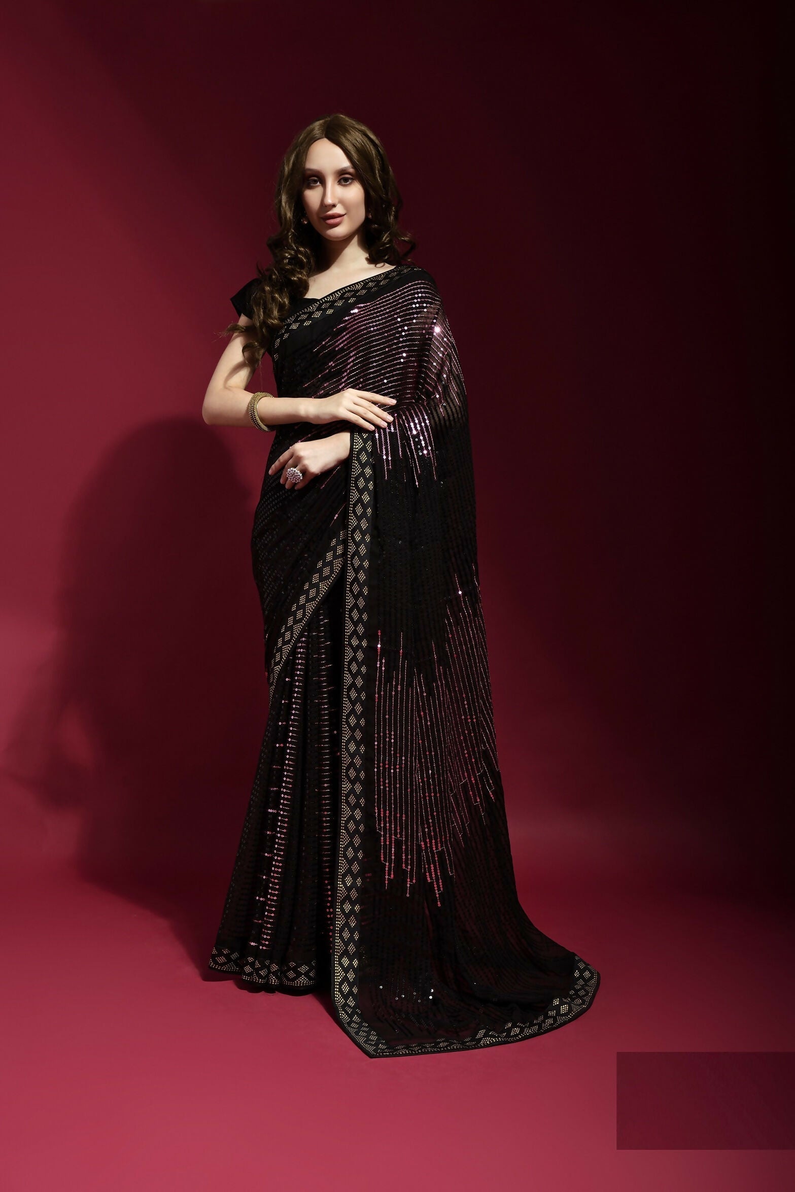 Vegaa Fashion Black Georgette Embroidered Party Wear Saree