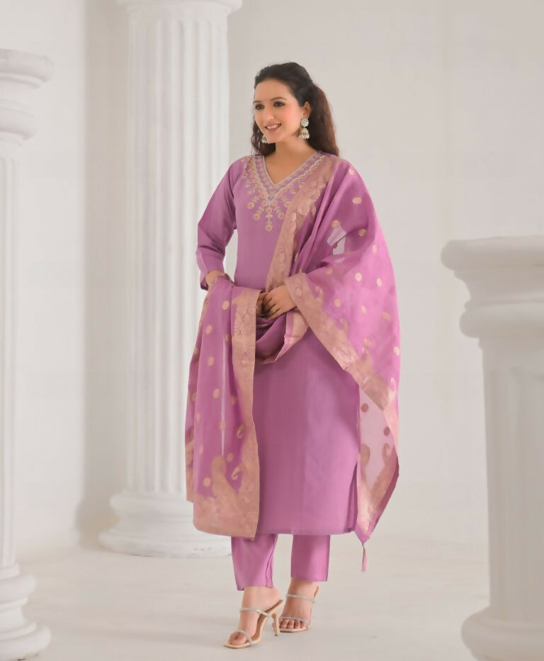 Ethnic Festive Wear Viscose Chanderi Pink Stitched Suit With Dupatta - Tanisha