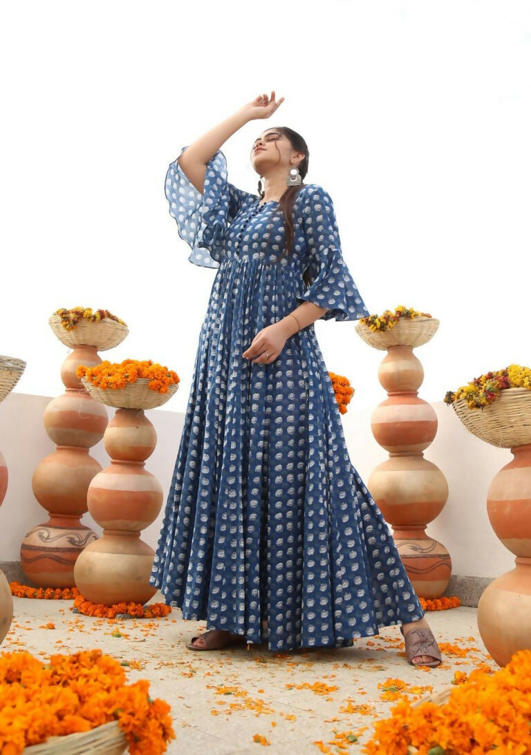 Jyoti Fashion Women's Blue Heavy Digital Printed Cotton Silk Anarkali Dress