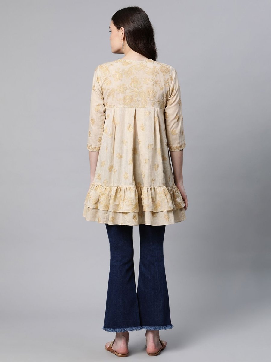 Ahalyaa Beige Cotton Gold Printed Tunic
