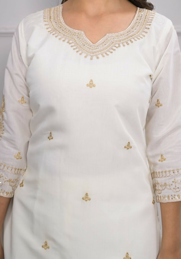 White Viscose Silk Embroidery with Thread and sequence Stitched Suit With Dupatta - Tanisha
