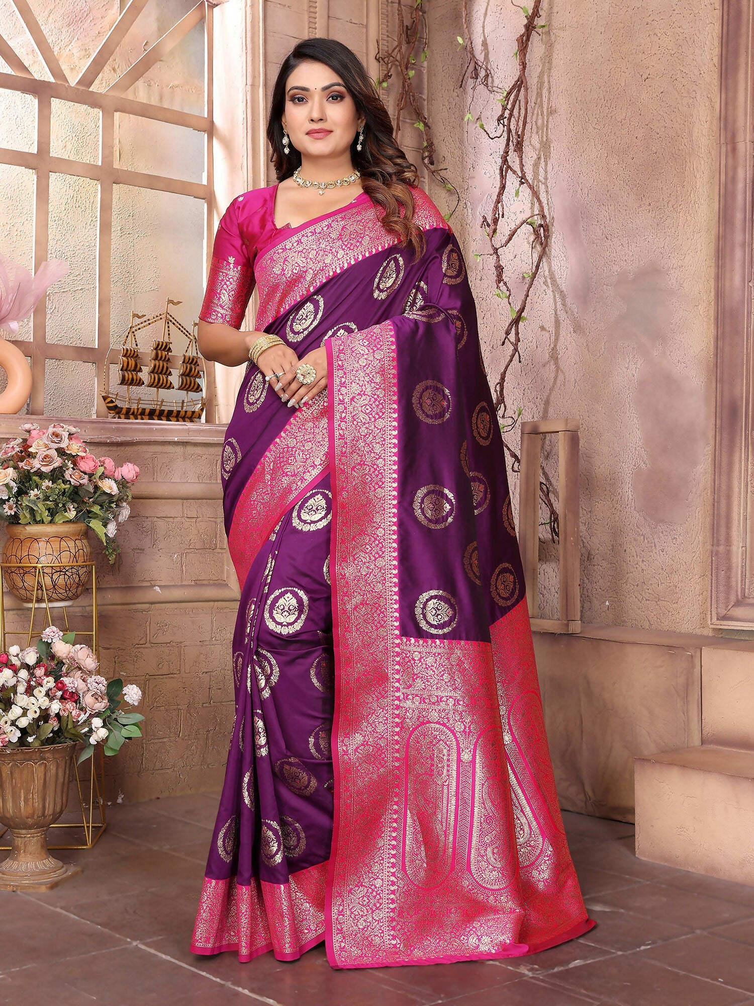 Joban Fashion Purple Banarasi Soft Silk Woven Saree