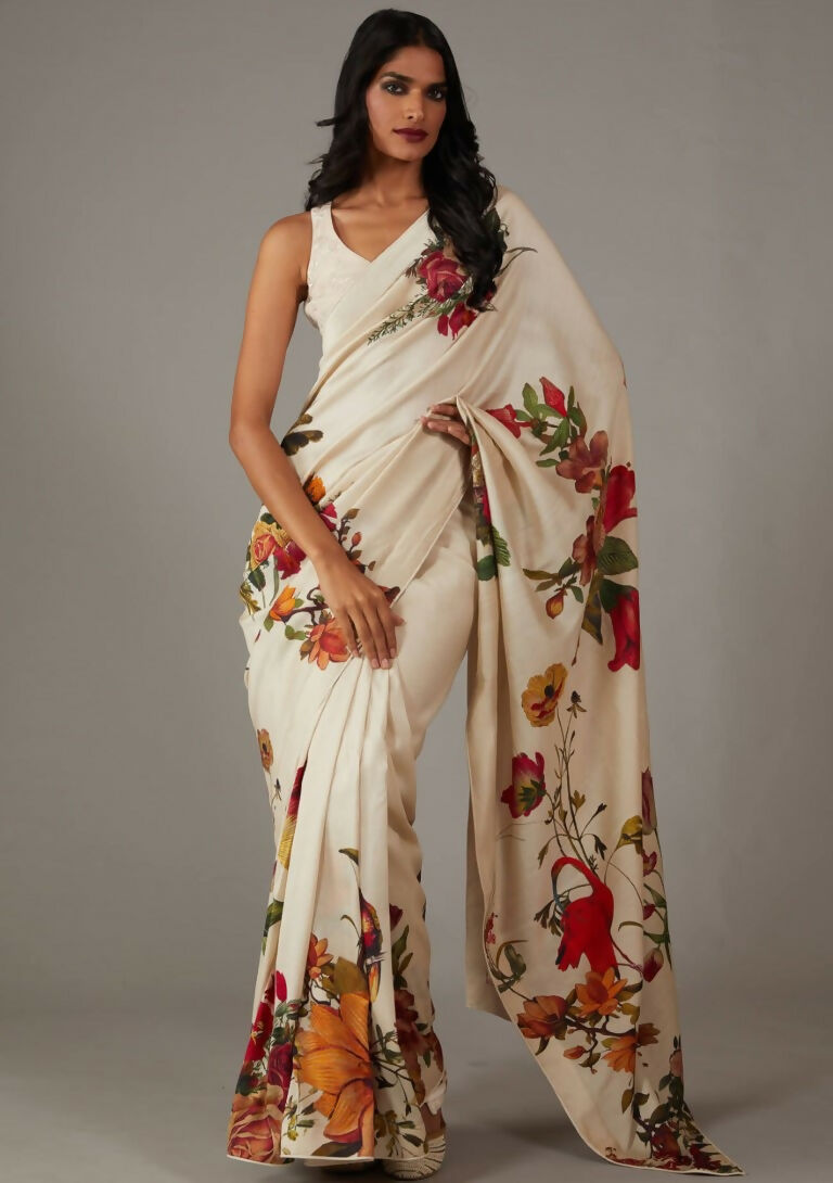 Partywear Designer Off White Bright Moss Fancy Saree - Durga
