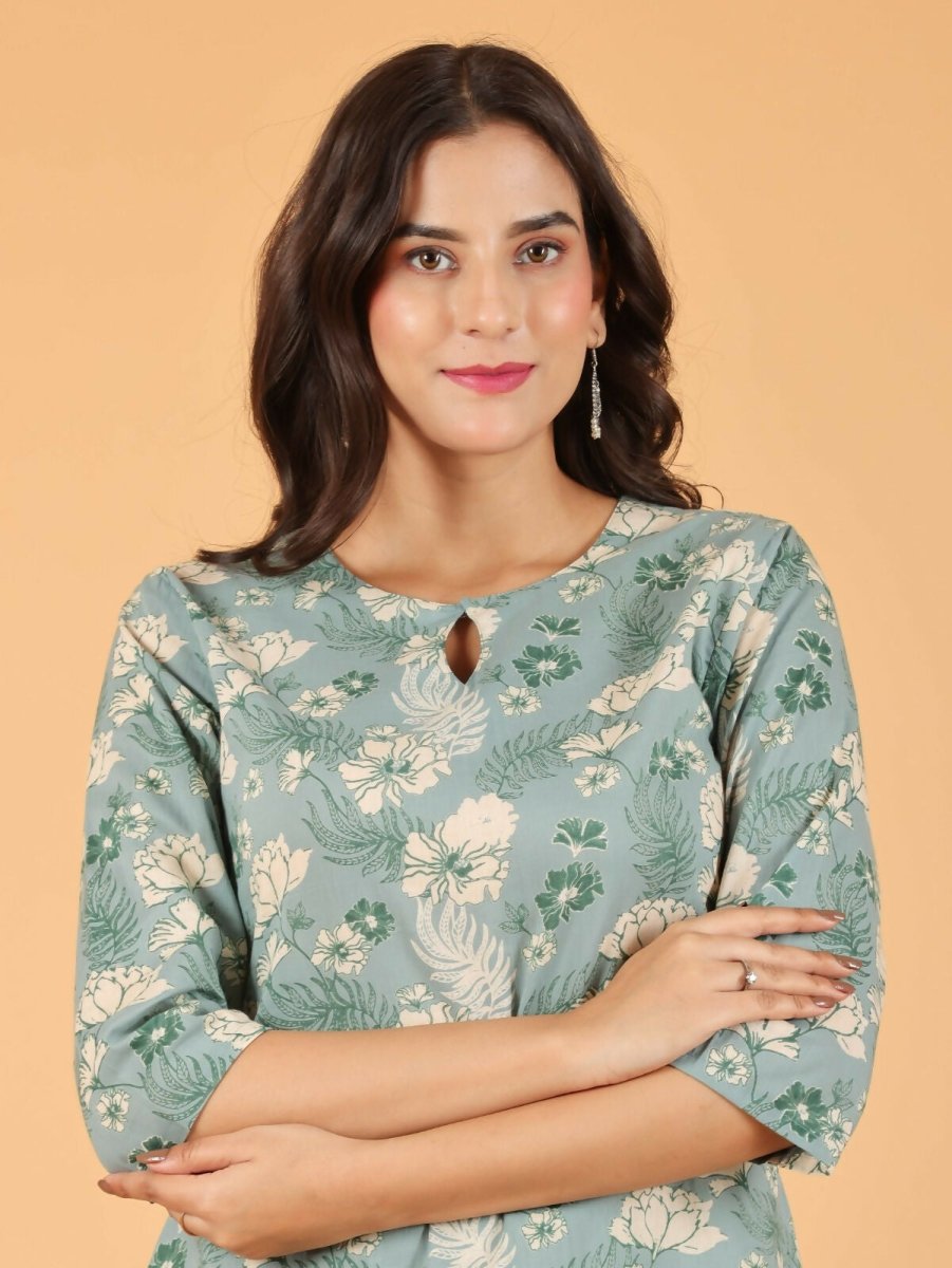 Aramya Straight Soft Cotton Floral Print Women's Kurta - Green