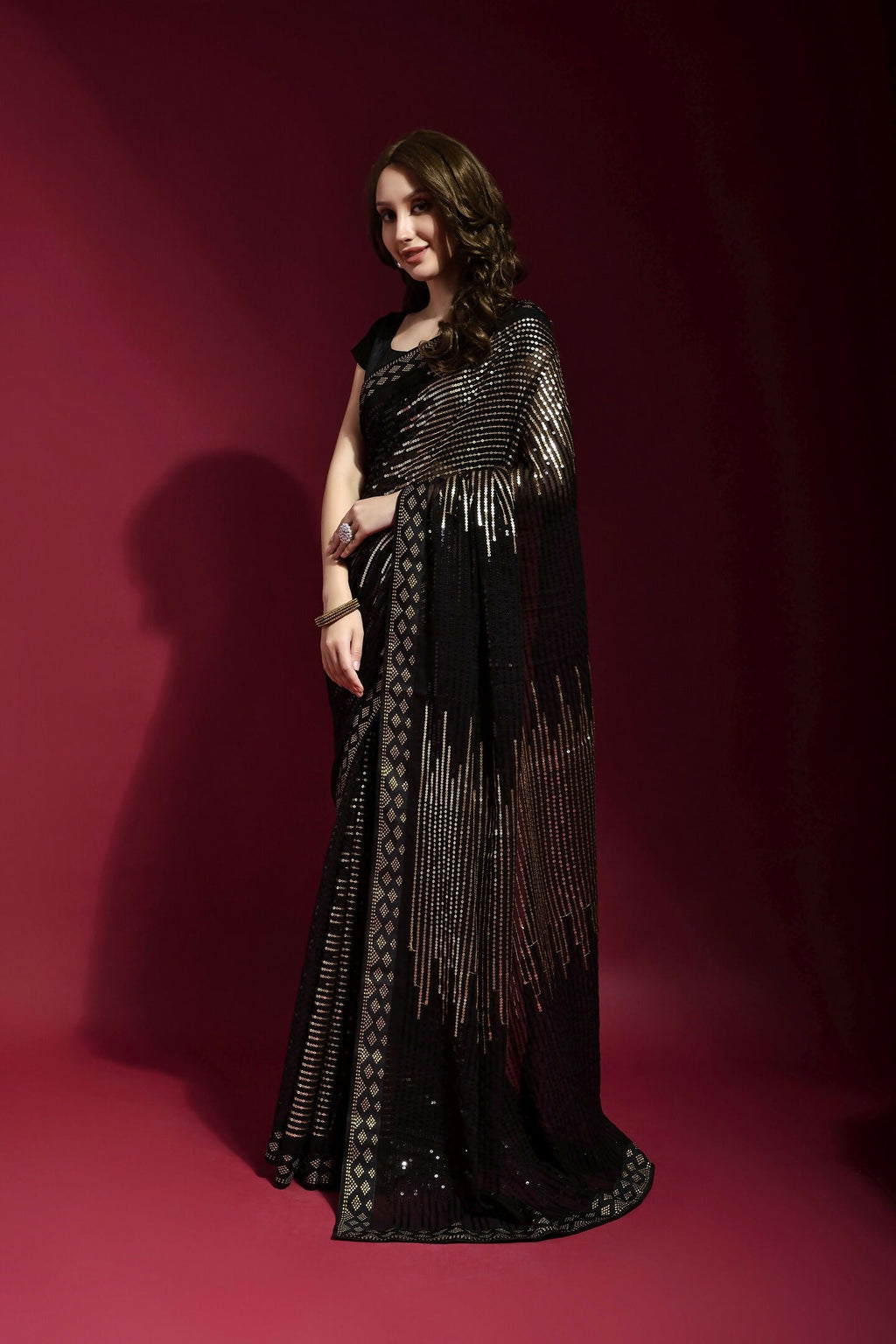 Vegaa Fashion Black Georgette Embroidered Party Wear Saree