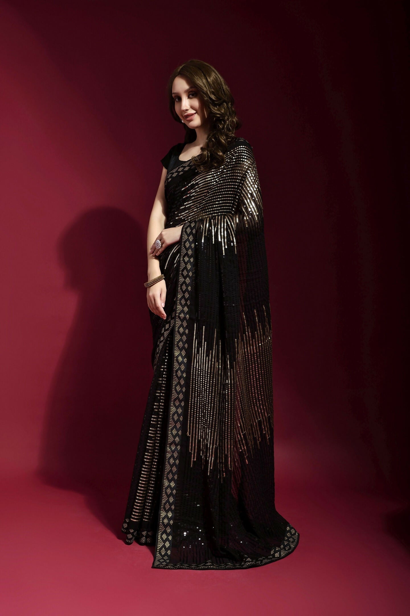 Vegaa Fashion Black Georgette Embroidered Party Wear Saree
