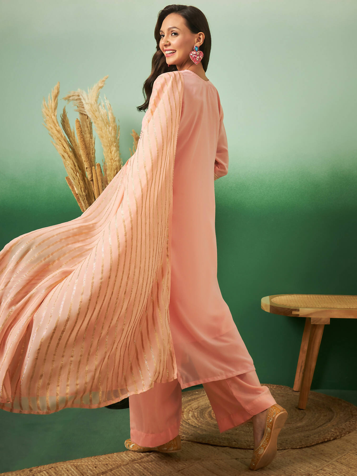 Peach Georgette Handwork Unstitched Dress Material - Hanika