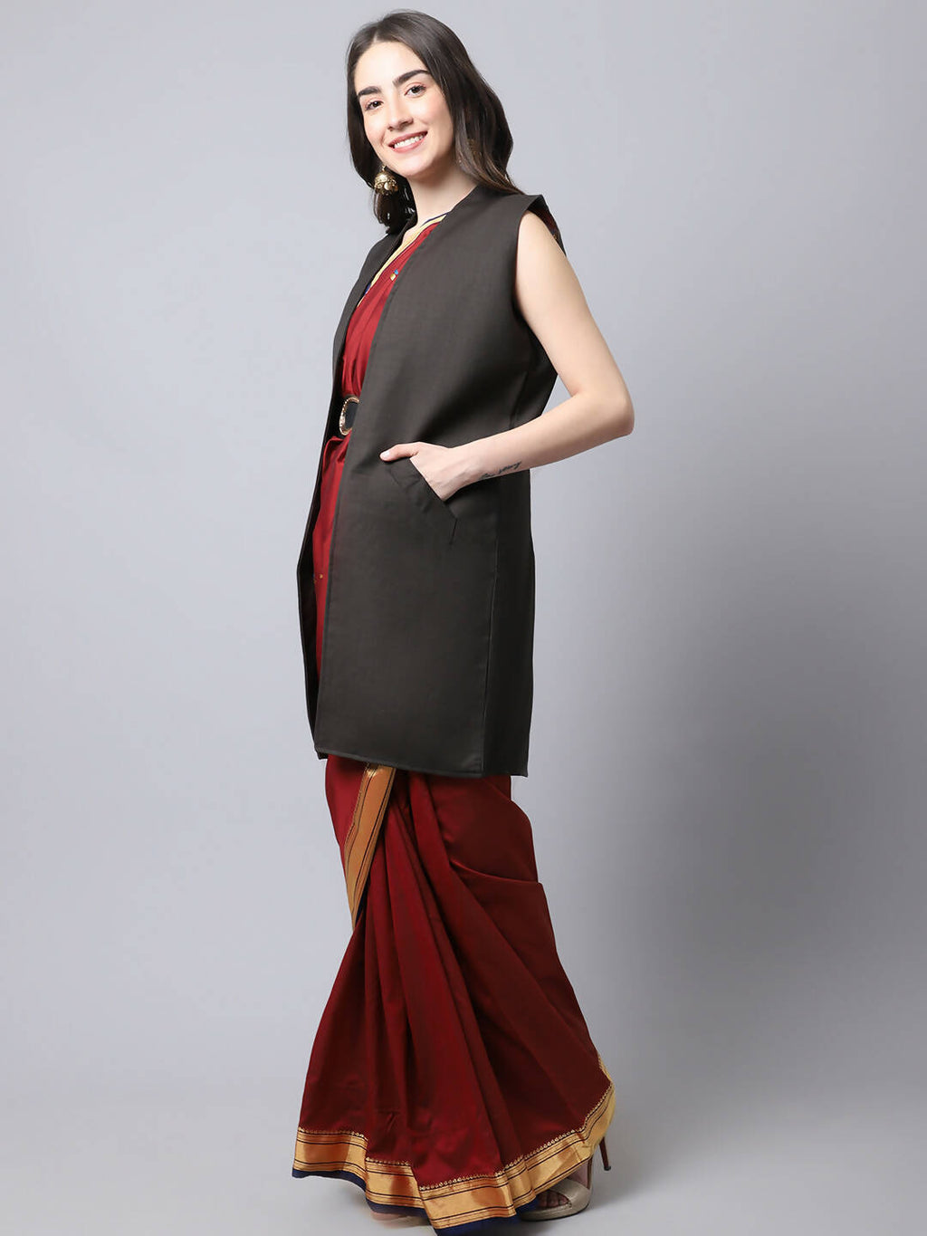 Even Apparels Brown Polywool Open Front Women's Long Coat