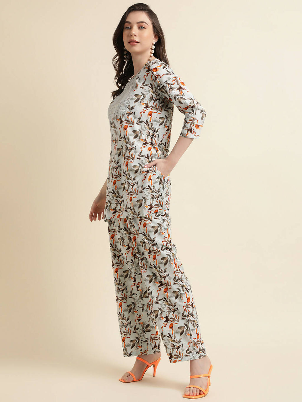 Grey Poly Crepe Digital Printed Top with Matching Bottom - Preeti