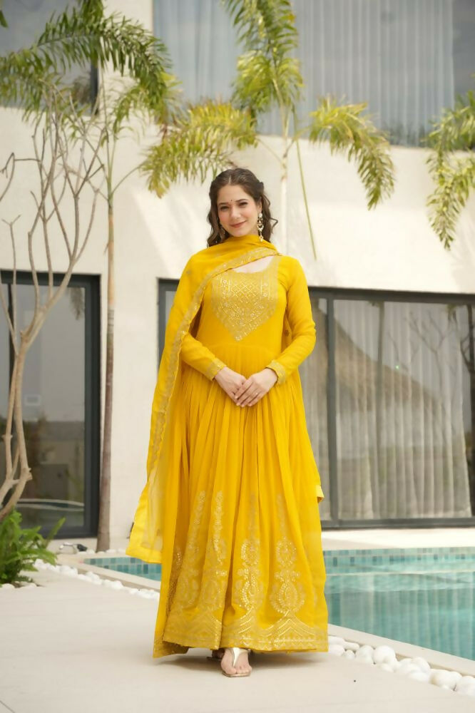 Vastranavya Yellow Faux Blooming with Embroidery Zari Sequins Work Gown