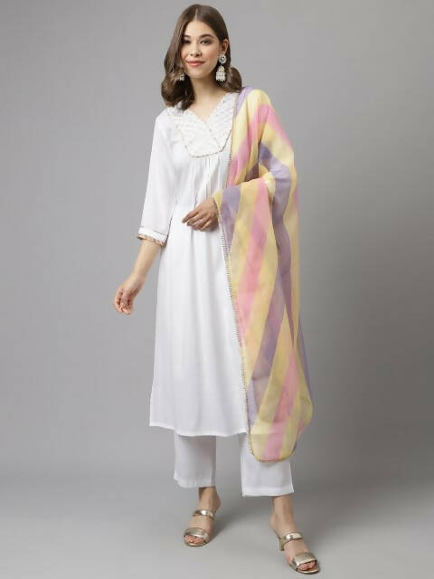 FIORRA Women's White Cotton A-Line Kurta Pant With Dupatta