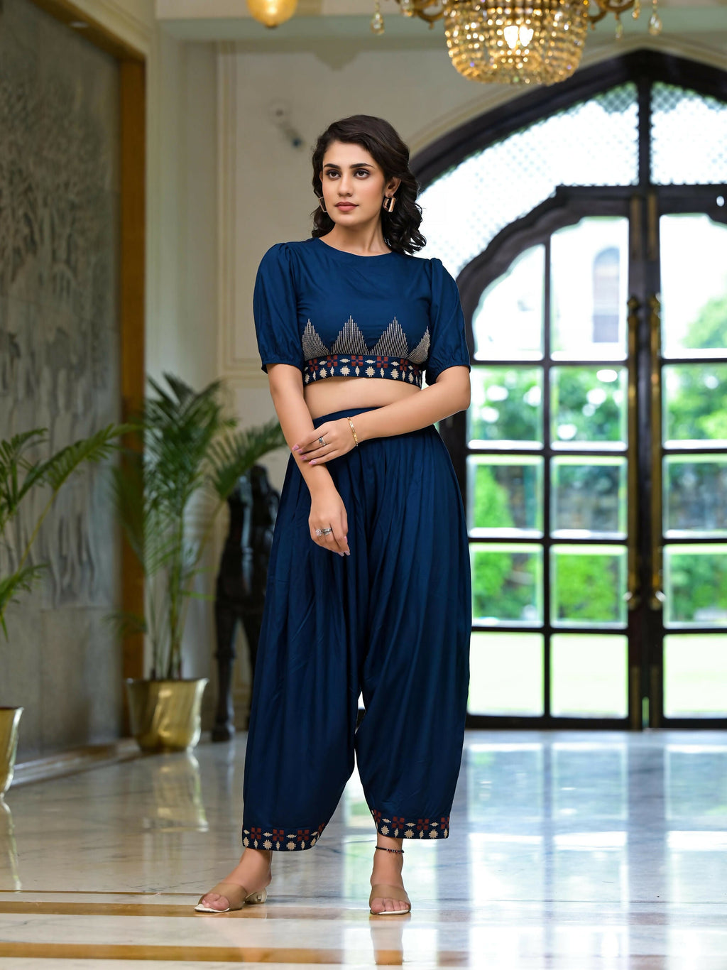 Juniper Women's Navy Thread Embroidered Rayon Top & Dhoti Pant Set