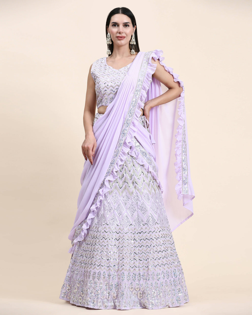 Lavender Pure Viscose Georgette Thread With Sequins Embroidery Work Lehenga Choli With Dupatta - Tanya