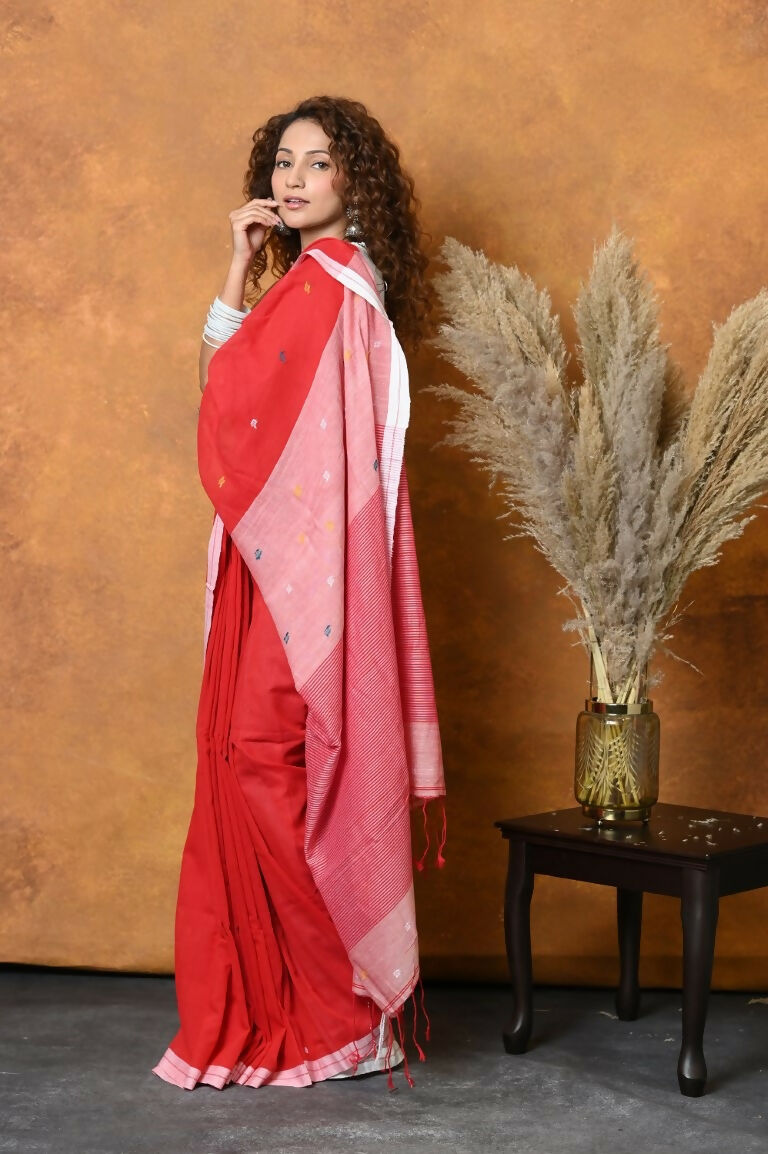 Very Much Indian Pure Cotton Handloom Saree with Buttis & Sleek Border - Red