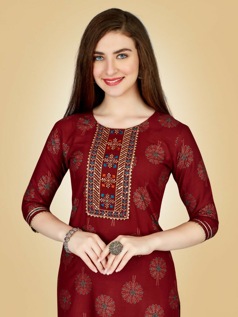 Jyoti Fashion Women's Maroon Viscose Rayon Embroidered Kurta Pant Set