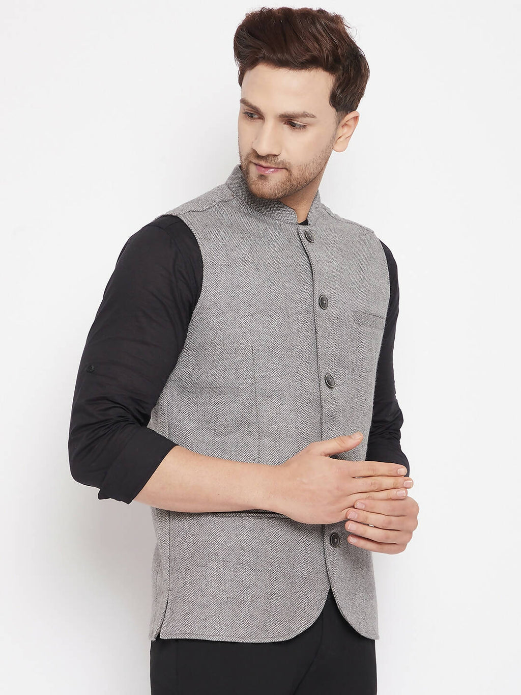 Even Apparels Grey Wool Men Woven Nehru Jacket WL730