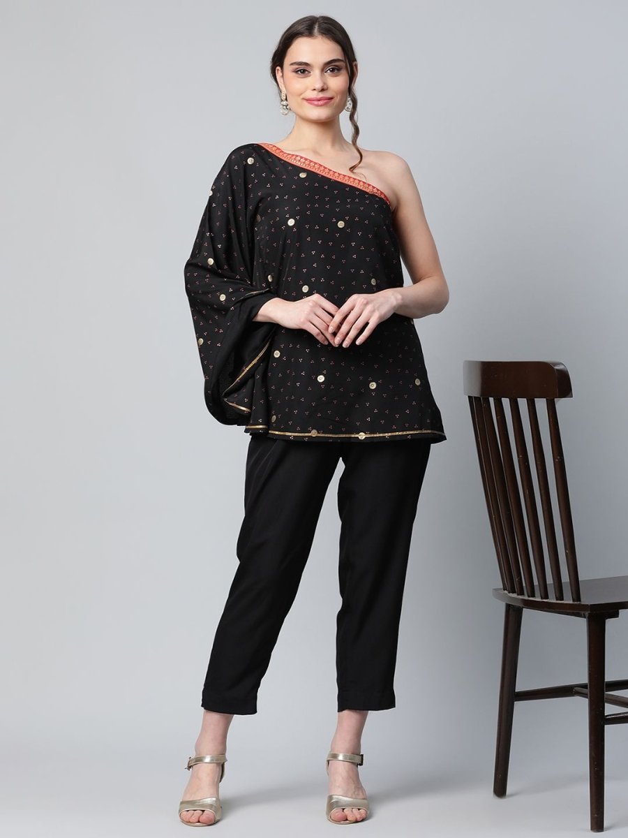 Ahalyaa Women Black Crepe Printed Top with Trouser Set